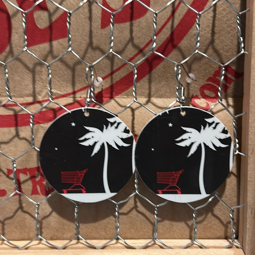 Trader Joe’s earrings circle red shopping cart and palm tree